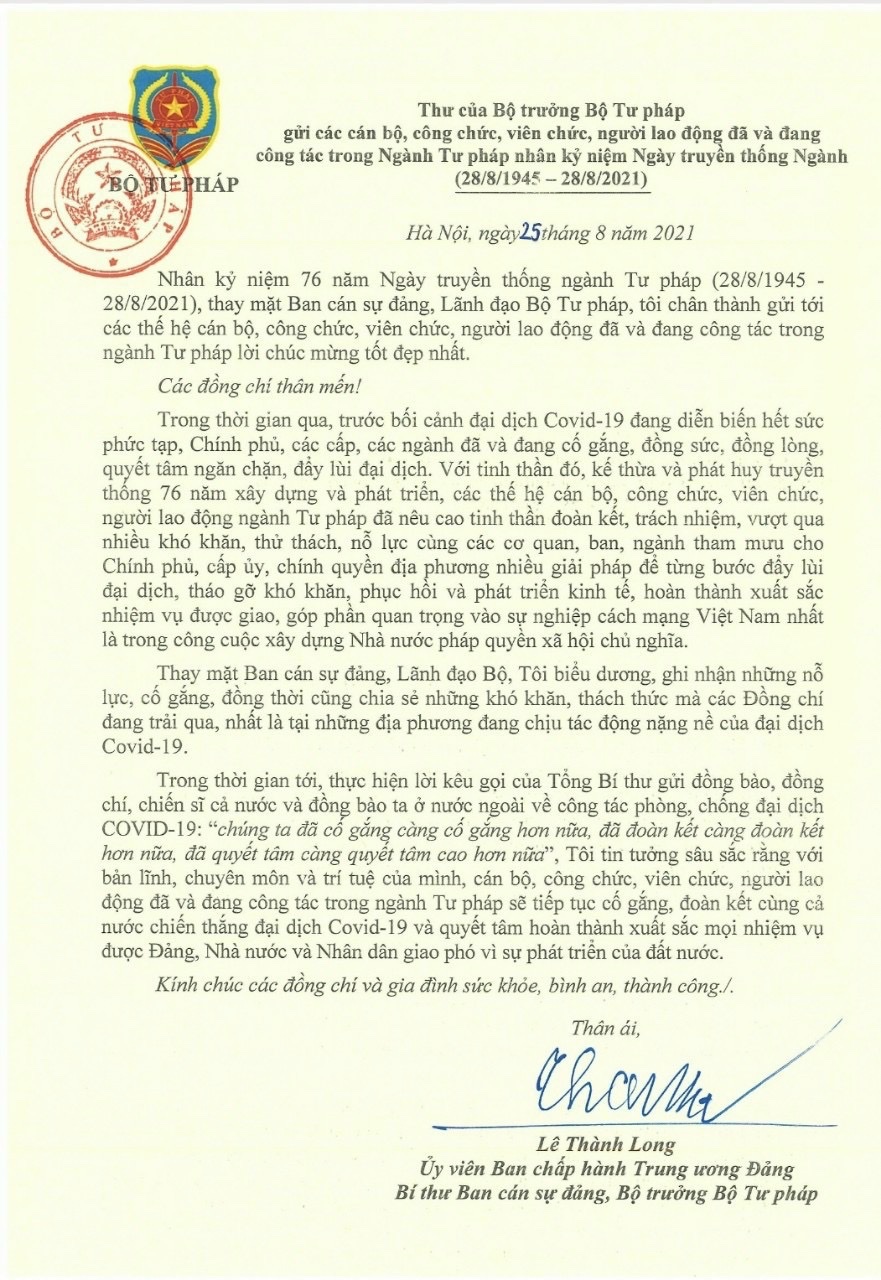 Thư của Bộ trưởng Bộ Tư pháp nhân kỷ niệm Ngày truyền thống Ngành Tư pháp (28/8/1945 – 28/8/2021)