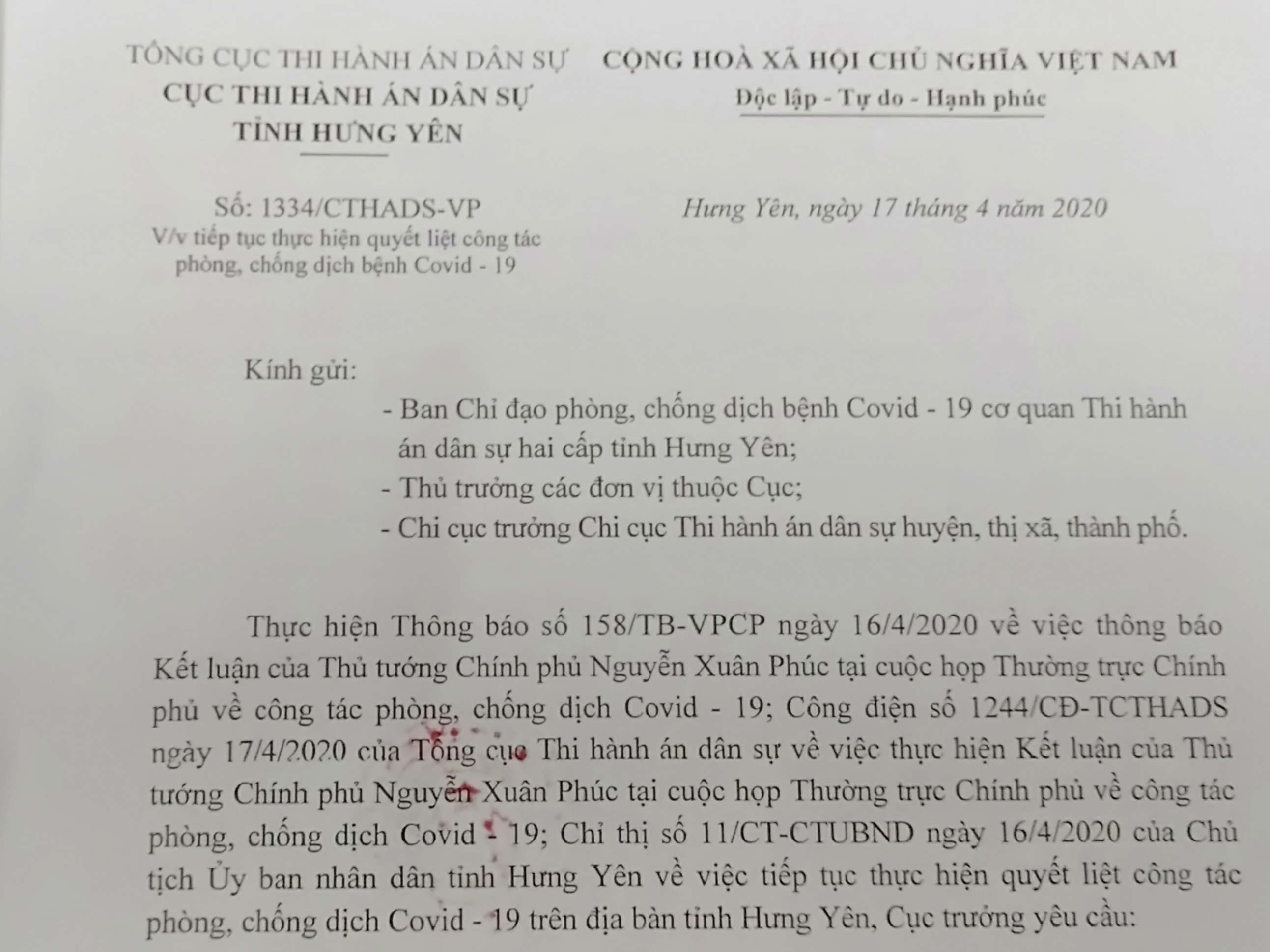 Cơ quan Thi hành án dân sự hai cấp tỉnh Hưng Yên tiếp tục quyết liệt thực hiện công tác phòng, chống dịch Covid - 19