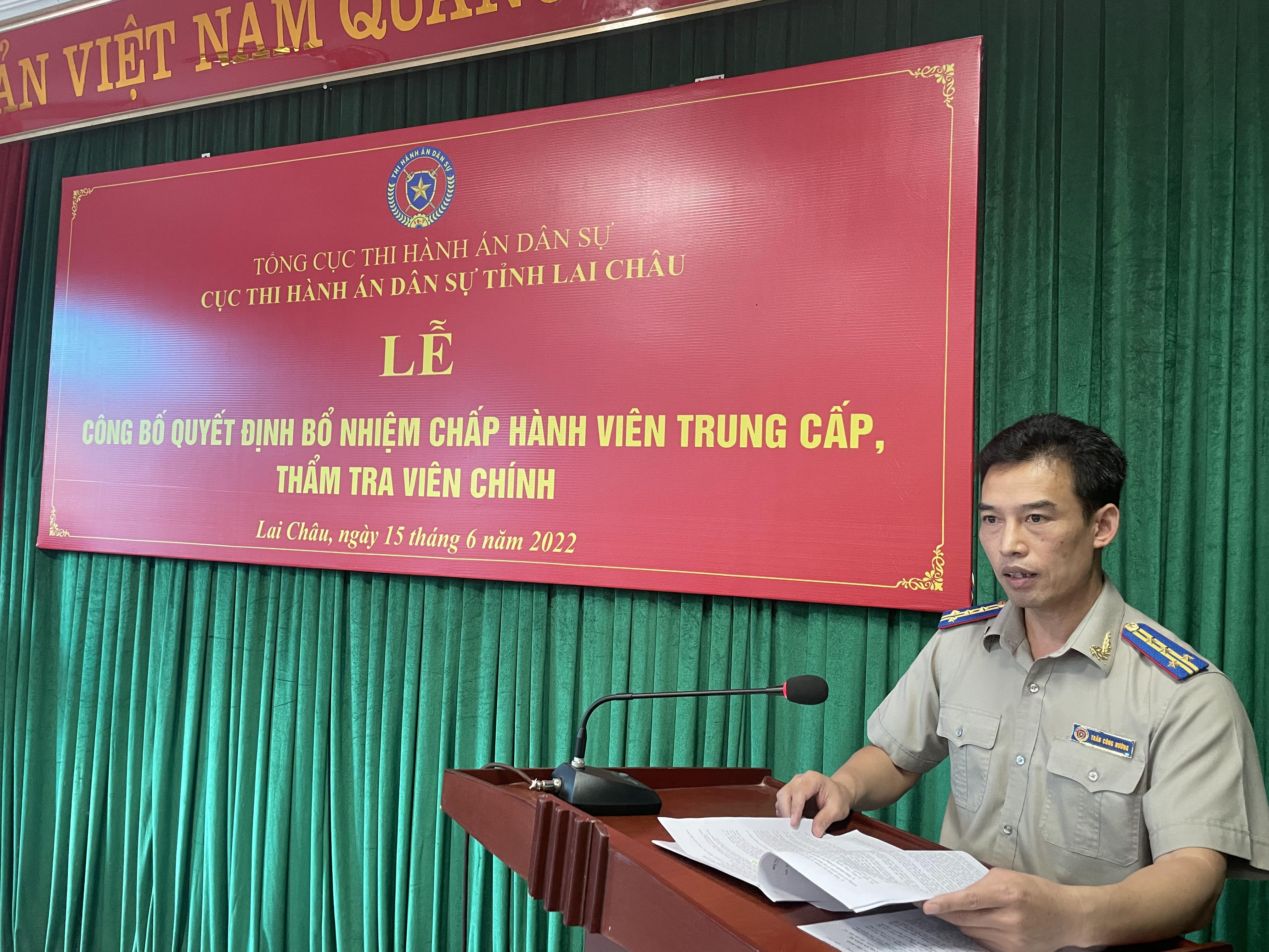 Cục Thi hành án dân sự tỉnh Lai Châu tổ chức Lễ công bố Quyết định bổ nhiệm Chấp hành viên trung cấp, thẩm tra viên chính