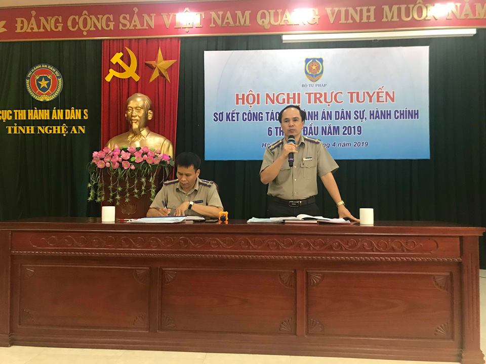 Cục Thi hành án dân sự tỉnh Nghệ An tham gia Hội nghị trực tuyến của Bộ Tư pháp sơ kết công tác THADS, HC 6 tháng đầu năm 2019 và tổ chức Hội nghị sơ kết công tác THADS, HC 6 tháng đầu năm 2019 của Hệ thống các cơ quan THADS tỉnh Nghệ An.