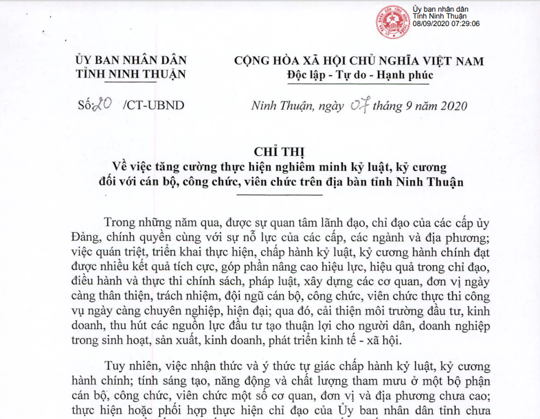 Chỉ thị của UBND tỉnh Ninh Thuận: Về tăng cường thực hiện nghiêm minh kỷ luật, kỷ cương đối với cán bộ, công chức, viên chức trên địa bàn tỉnh tỉnh