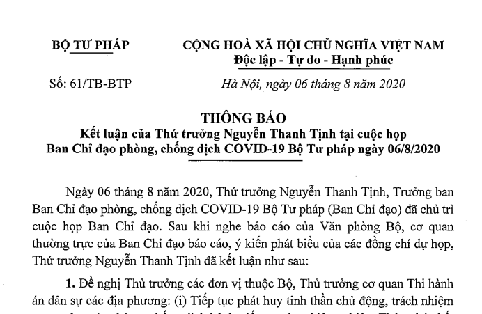 Thông báo kết luận của Thứ trưởng Nguyễn Thanh Tịnh tại cuộc họp BCĐ phòng, chống dịch COVID-19 Bộ Tư pháp ngày 06/8/2020