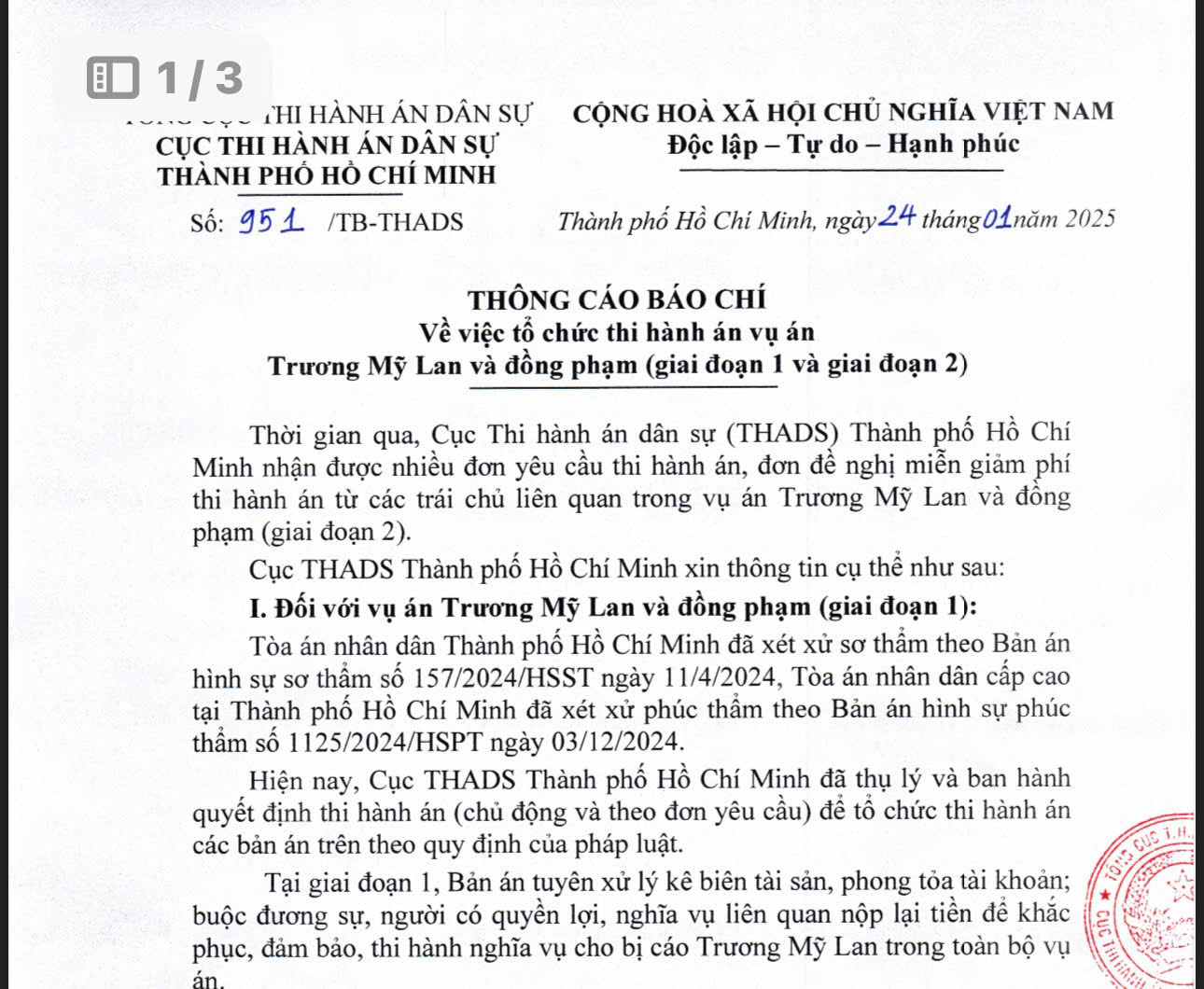 THÔNG CÁO BÁO CHÍ Về việc tổ chức thi hành án vụ án  Trương Mỹ Lan và đồng phạm (giai đoạn 1 và giai đoạn 2)