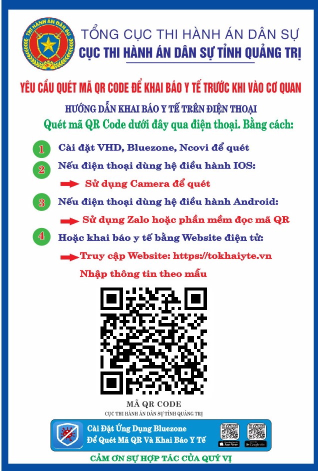 Cục Thi hành án dân sự tỉnh Quảng Trị triển khai quét mã QR Code để khai báo y tế phục vụ công tác phòng, chống, truy vết dịch Covid-19